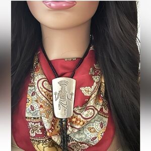 Vintage Florenta of Calif. Inc. 1970 Large Western Pewter Tribal Shaman Bolo Tie